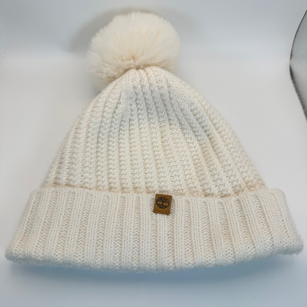Timberland Beanie Women OS Cream White Sherpa Lined Pom Pom Winter Gorpcore